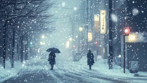 Snow falls over pedestrians on a quiet urban street at night