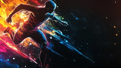 Silhouetted runner bursts through vivid abstract color trails