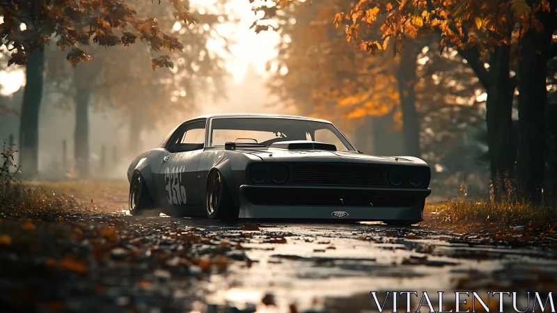 Low-slung muscle car glides through misty autumn alleyway.