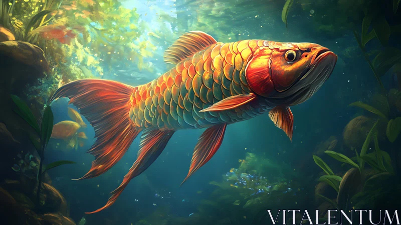 Radiant golden arowana glides through luminous aquatic depths