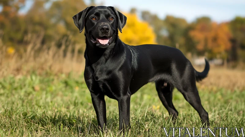 Confident black Labrador stands proudly in warm autumn light