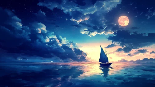 Sailboat on reflective sea under moonlit clouded sky.