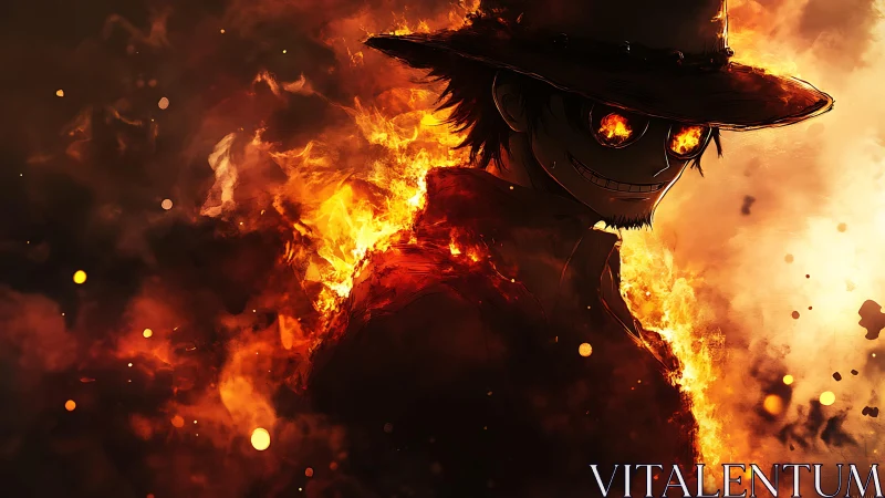 Anime character silhouette surrounded by intense orange fire.