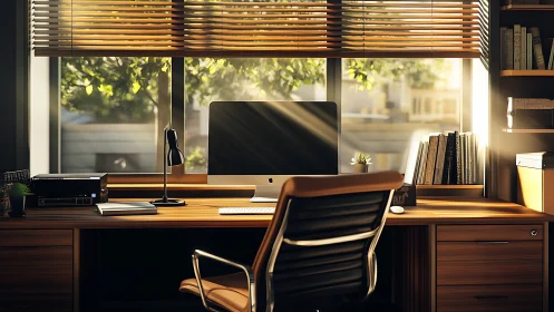 Modern home office workstation with warm cinematic sunlight.