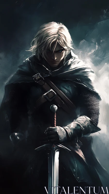 Brooding silver knight grips sword in stormlit shadow.