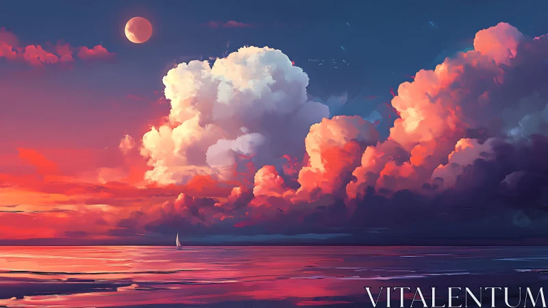 Crimson clouds over tranquil sea beneath rising moon.