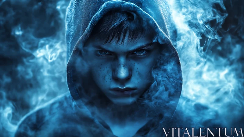 Hooded boy with intense stare in swirling blue smoke.