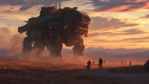 Colossal desert war mech strides through sunset haze.