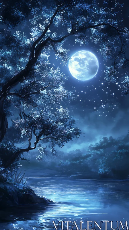 Moonlit forest river glows under deep sapphire night sky.