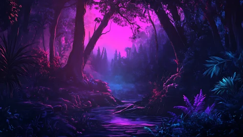 Neon Forest: Enchanted Woodland in Magenta and Blue Light.