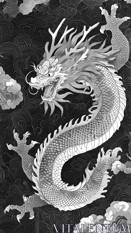 Coiled silver dragon surging through stylized storm clouds.