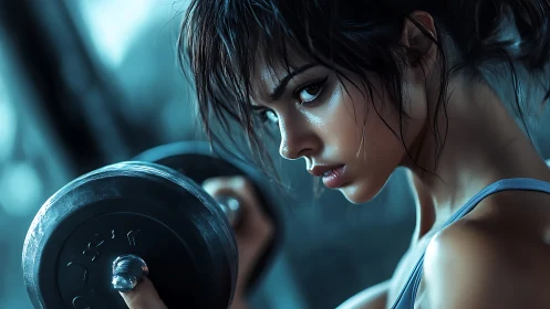 Focused athletic woman lifting dumbbell in dramatic lighting, cinematic style.