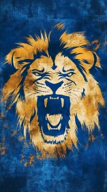 Roaring lion head illustration on textured blue background.