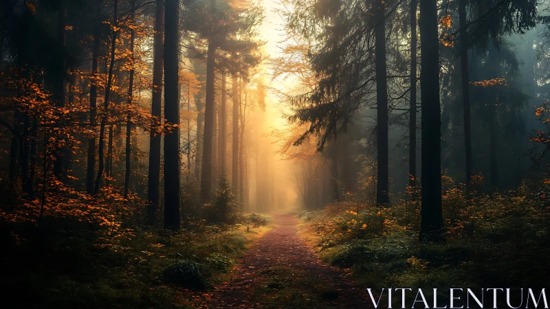 Golden Sunlit Forest Path Through Autumn Woodland.