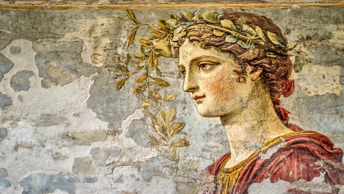 Classical fresco profile with laurel wreath on aged plaster wall.