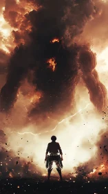 Blazing hero stands strong before a towering fire titan