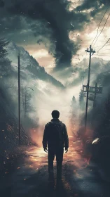 Solitary observer facing tornadic vortex in alpine roadway corridor.