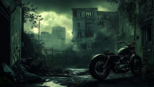 Custom cafe racer motorcycle in rain-soaked post-apocalyptic alley