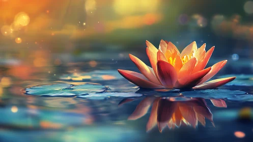 Spectral-lit waterlily with reflective bokeh surface rendering.
