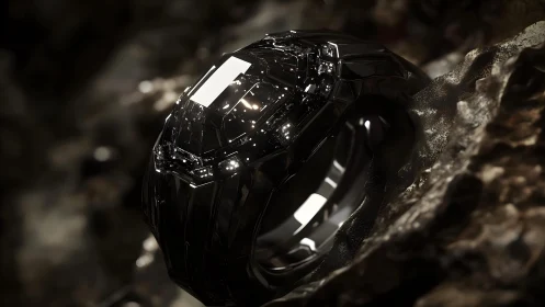Futuristic black gemstone ring with faceted design in dramatic lighting.