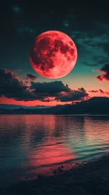 Red full moon dominates sunset sky over calm reflective lake
