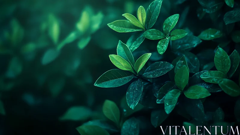 Macro foliage study in teal-green low key bokeh lighting