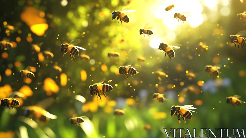 Golden garden bees dancing in gentle afternoon sunlight.