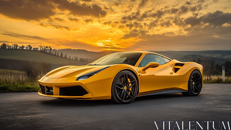 Golden supercar prowls beneath a wildfire country sunset.