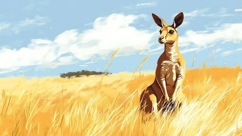 Alert kangaroo gazes across golden outback grasslands