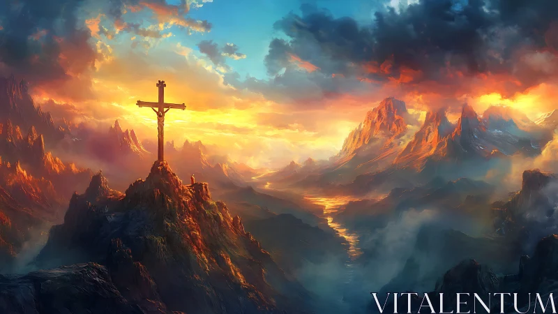 Radiant mountain cross overlooks a fiery, sacred sunrise
