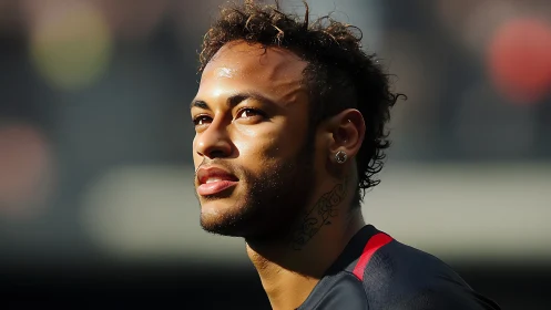 Side profile of male footballer in sunlight during match.