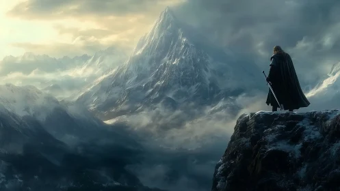 Lone warrior surveys a stormlit mountain realm before quest
