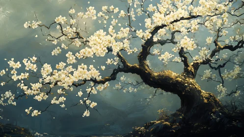 Gnarled cherry tree in bloom against cool misty background