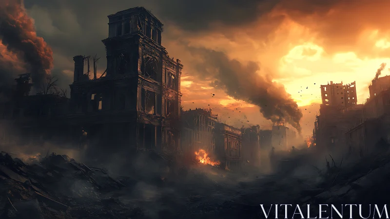 Post-apocalyptic urban canyon under incendiary atmospheric bloom.