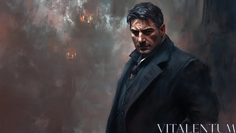 Male figure in dark overcoat stands before abstract backdrop