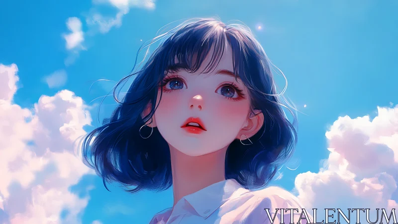 Dreamy blue-haired girl gazes upward in luminous sky scene.