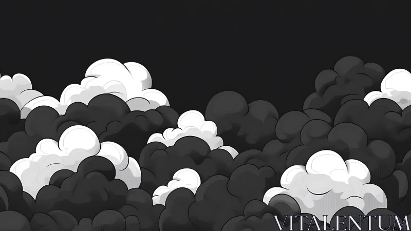 Monochrome cartoon cloud clusters on dark sky backdrop.