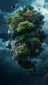 Floating arboreal rock-face forms colossal anthropomorphic island