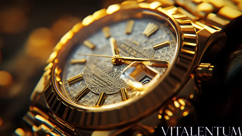 Gilded luxury wristwatch in dramatic macro close-up detail.