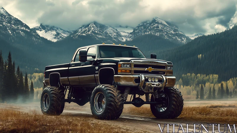 Lifted black Chevy truck dominates a rugged alpine valley trail
