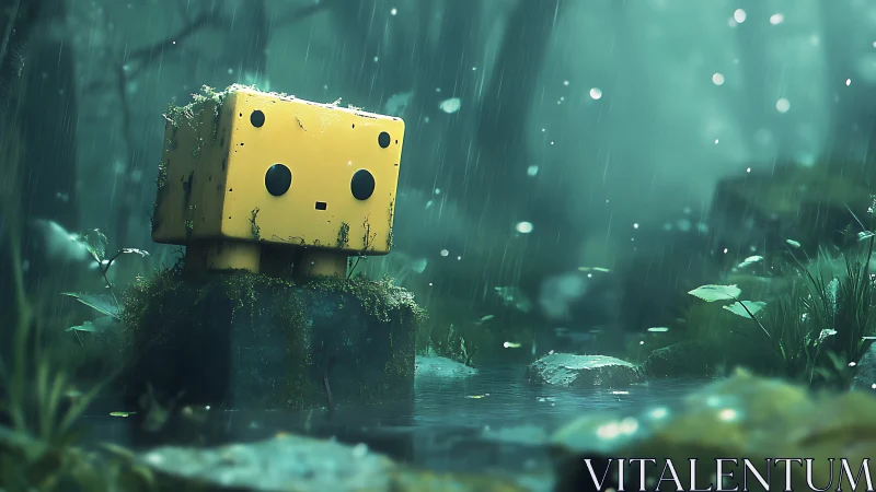 Rain-dreaming cube robot lingers in a mossy forest hush.