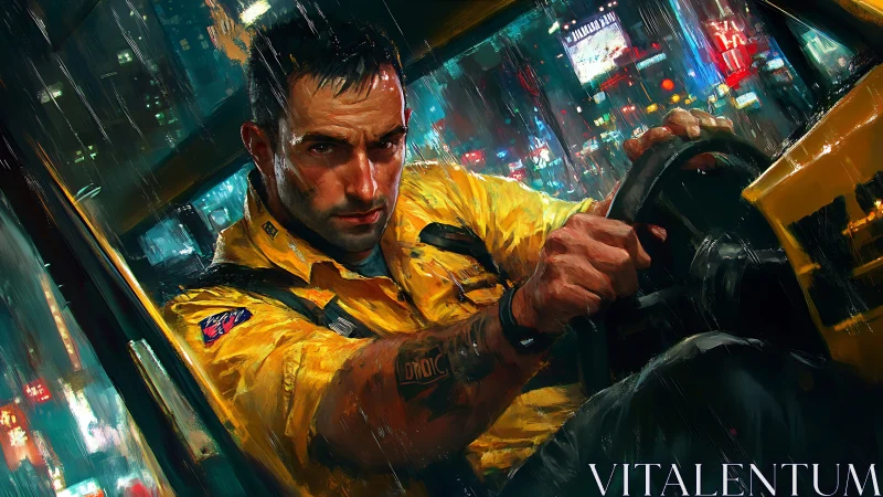 Gritty night taxi ride with a determined city driver.