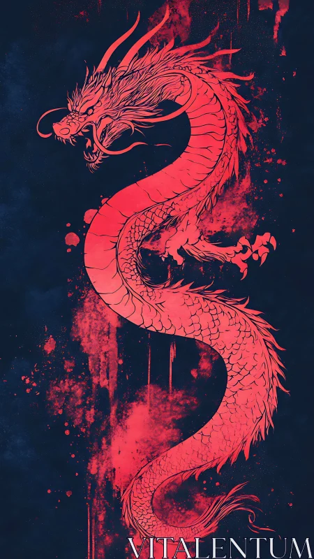 Red oriental dragon illustration on dark textured background.