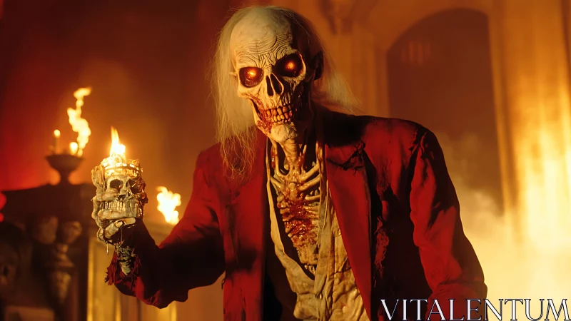 Flaming-eyed skeleton in red coat inside burning hall.