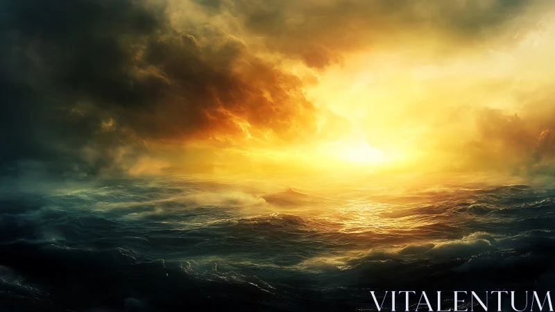 Storm lit ocean horizon under blazing golden sunrise sky