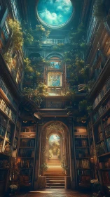 Vertical grand library atrium with skylit oculus and overgrown foliage