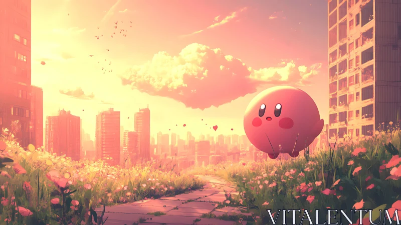 Pink orb hero in dreamy overgrown city sunset field.