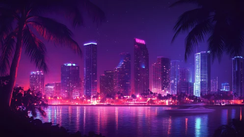 Neon-lit tropical skyline glows over calm waterfront night.
