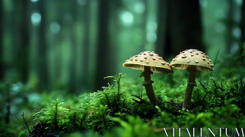 Mushrooms with water droplets stand on moss in blurred forest