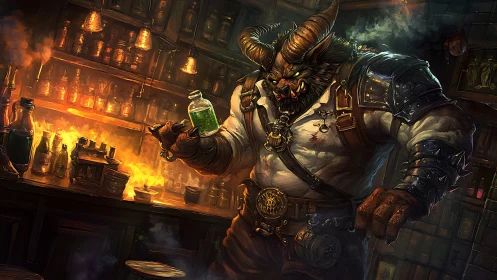 Demonic alchemist minotaur in glowing potion workshop.